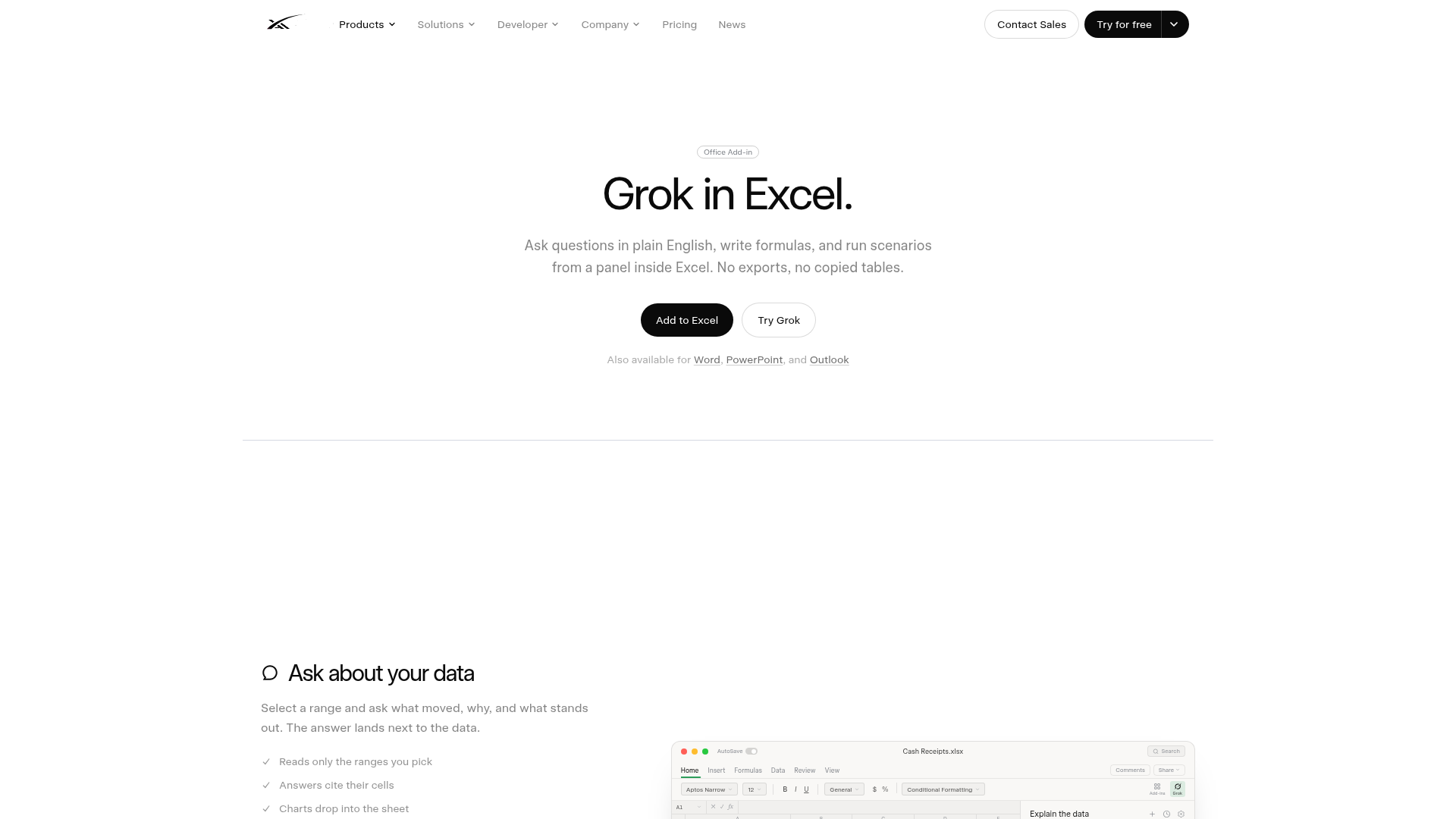 Grok for Excel interface screenshot
