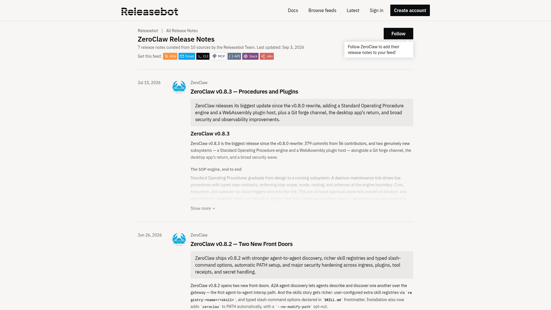ZeroClaw home page, captured for the 8 September 2026 Lab report