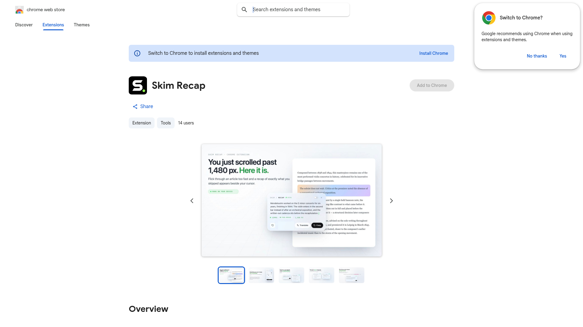Skim Recap store listing on chromewebstore.google.com, captured for this report