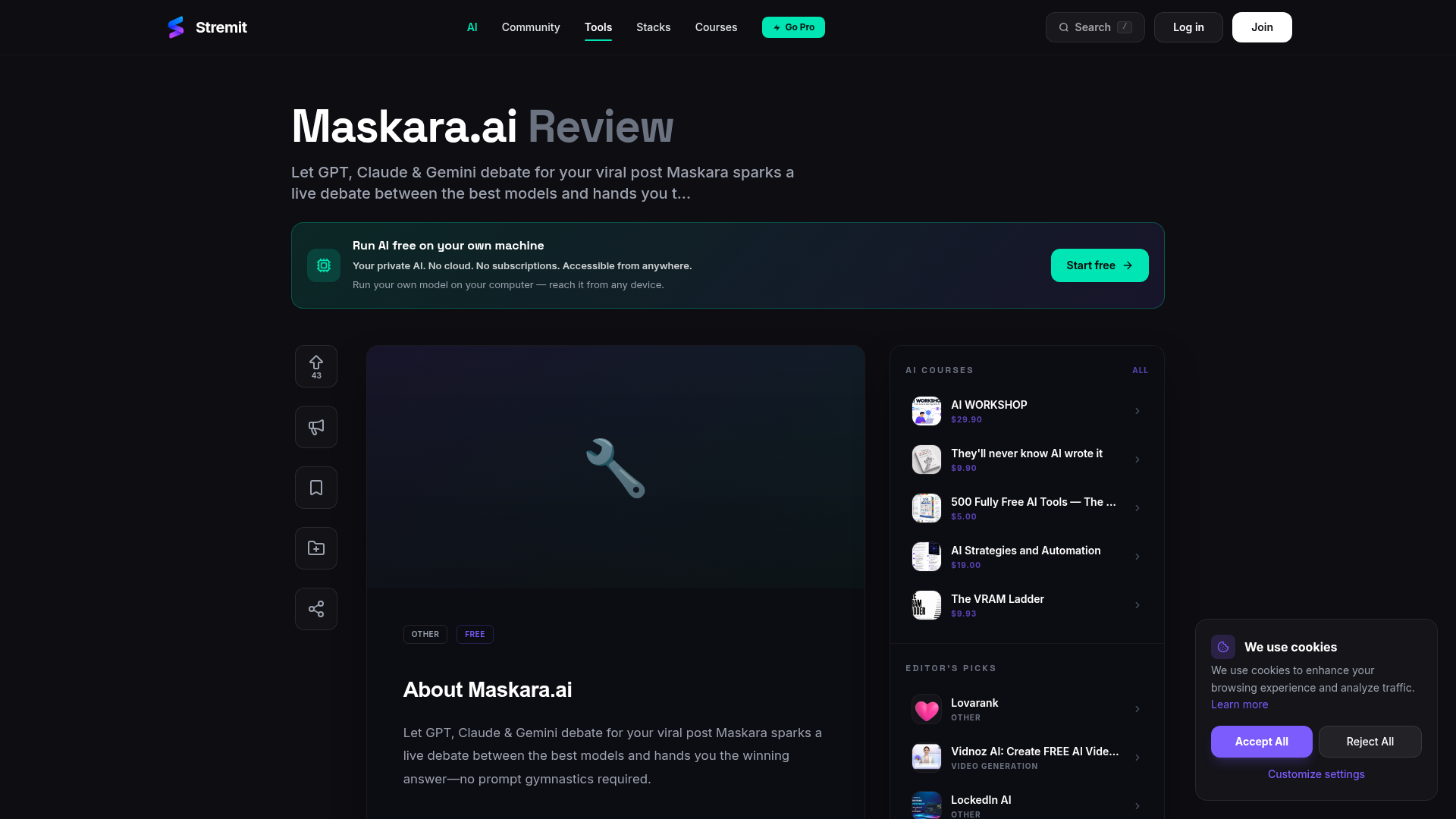 Maskara.ai home page, captured for the 17 September 2026 Lab report