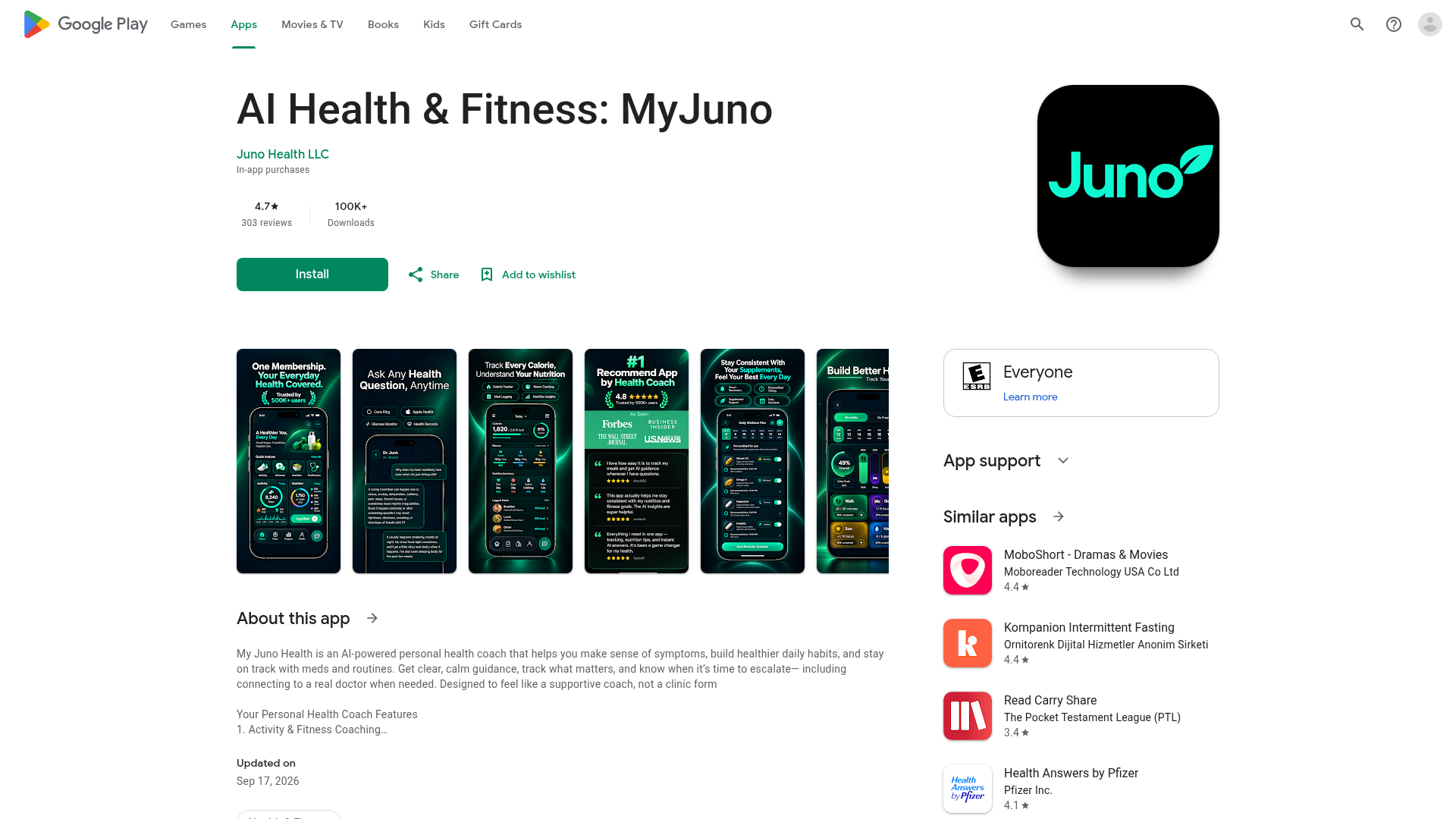 My Juno Health home page, captured for the 23 September 2026 Lab report