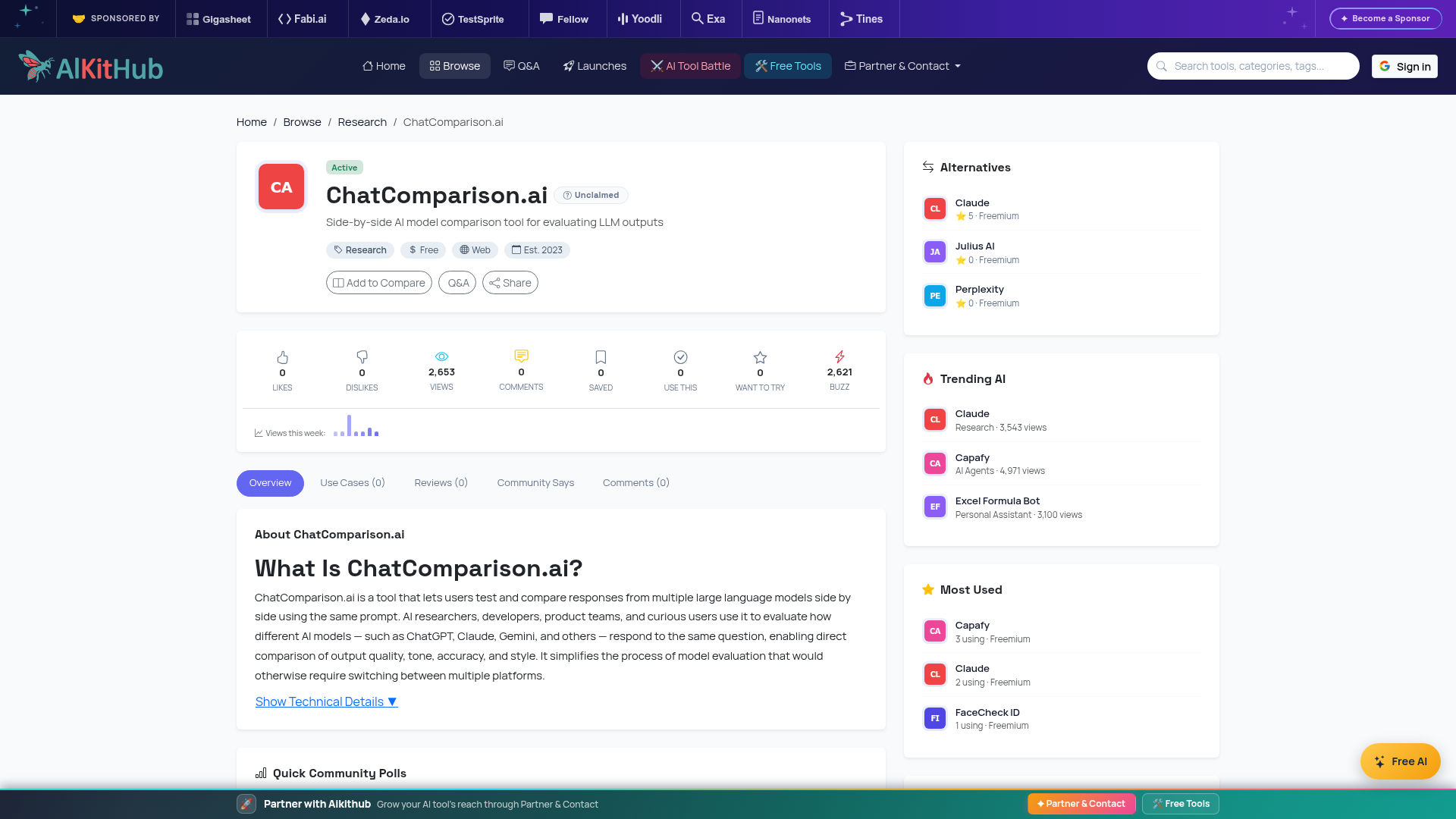 ChatComparison AI home page, captured for the 6 October 2026 Lab report