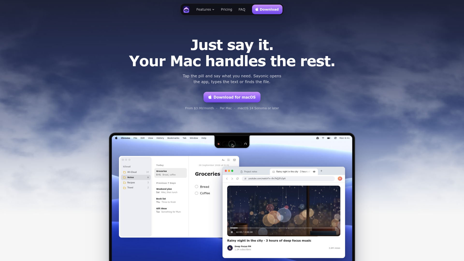 Sayonic home page, captured for the 10 October 2026 Lab report