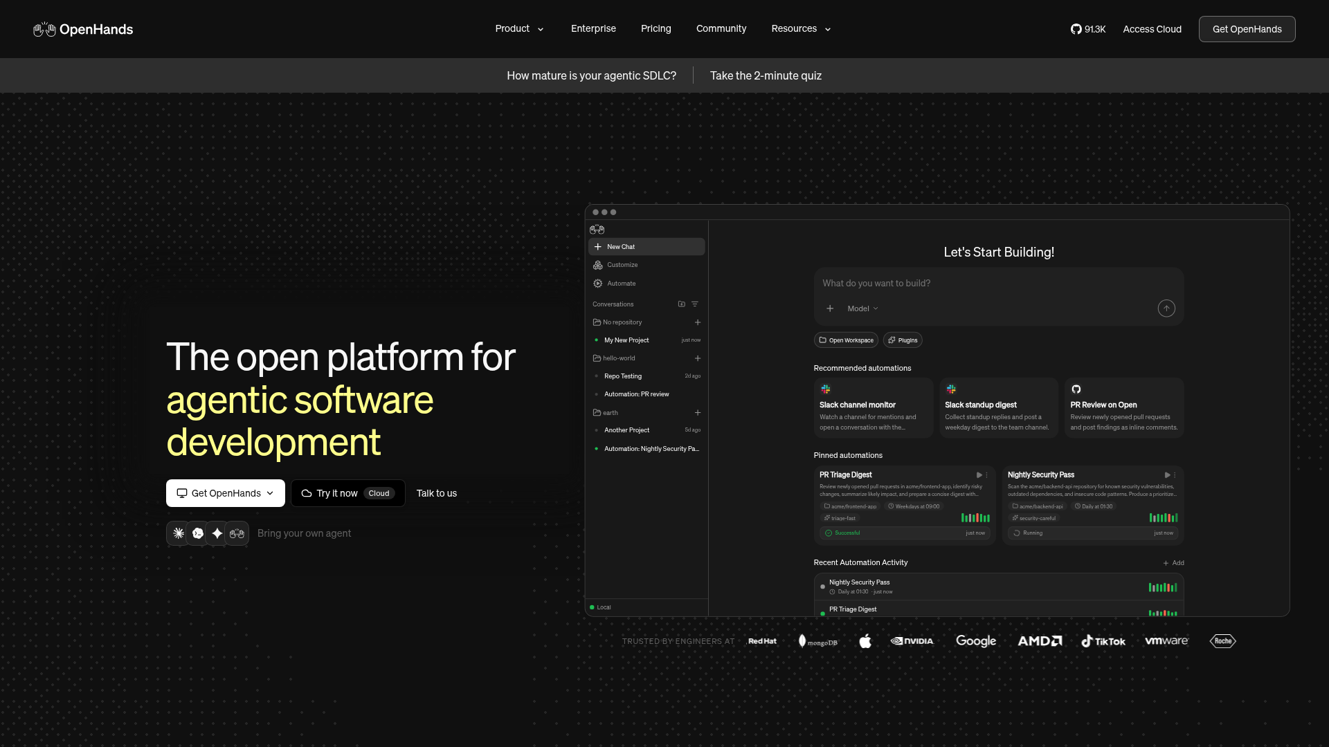 OpenHands home page, captured for the 21 October 2026 Lab report
